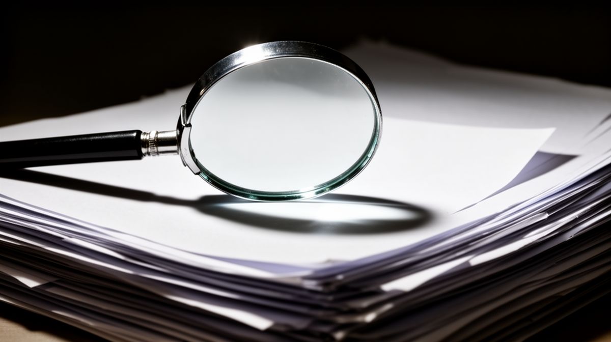 Lupa sobre pilha de documentos, destacando um espaço em branco que simboliza a necessidade de verificação.