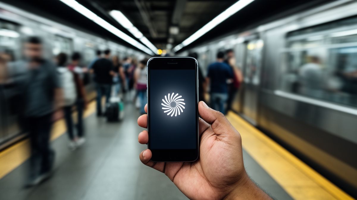 Mão segurando celular com carregamento travado em estação de metrô movimentada