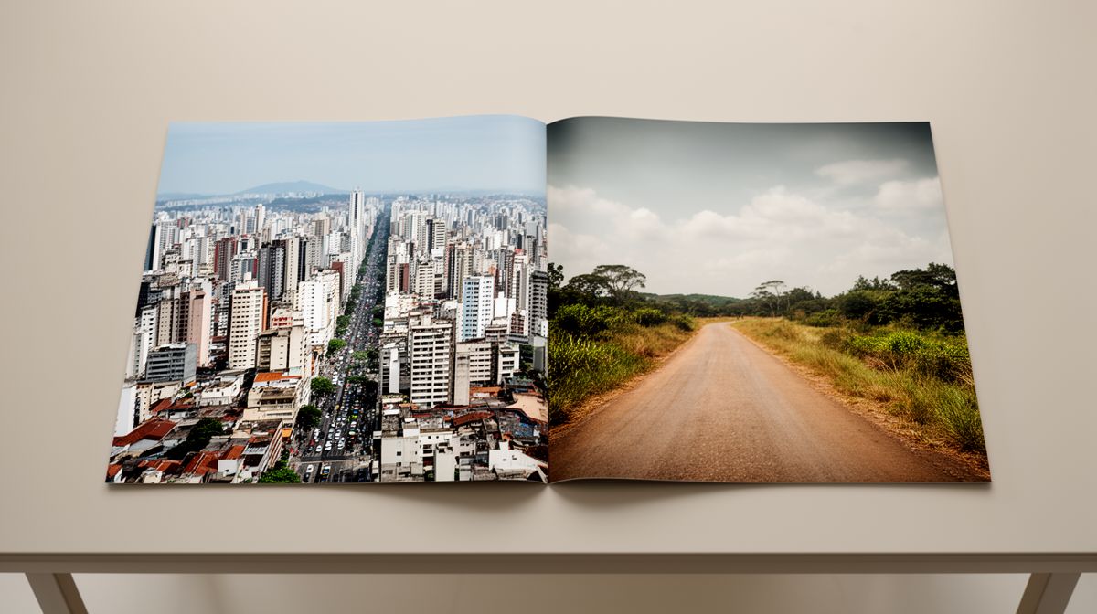 Contraste visual entre paisagem urbana densa e caminho rural em superfície plana