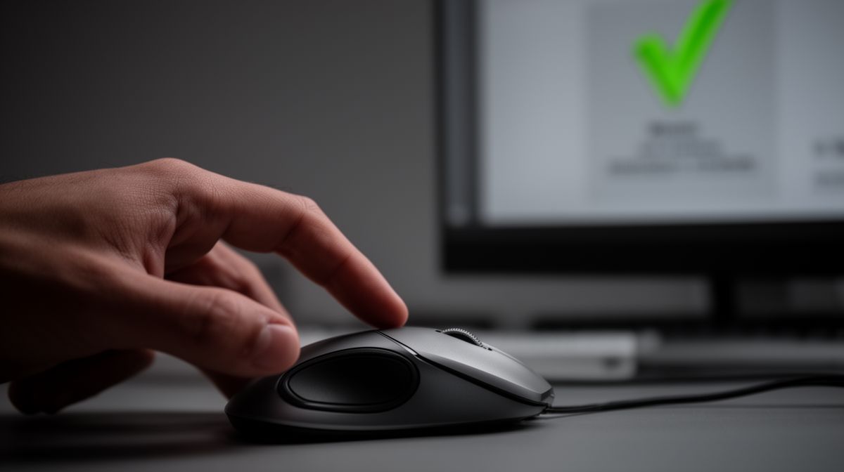 Mão de uma pessoa pairando sobre um mouse de computador, representando a pausa para reflexão antes de confirmar uma decisão automatizada