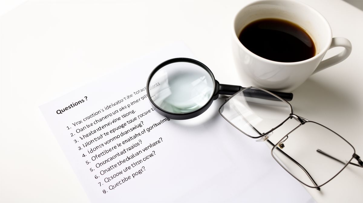 Uma lupa sobre uma lista de perguntas impressas em papel, ao lado de óculos e café, simbolizando a análise criteriosa