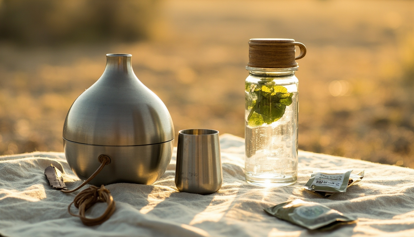 Kit de viagem para mate e tereré com garrafa térmica, recipiente de acero e ervas em superfície de linho