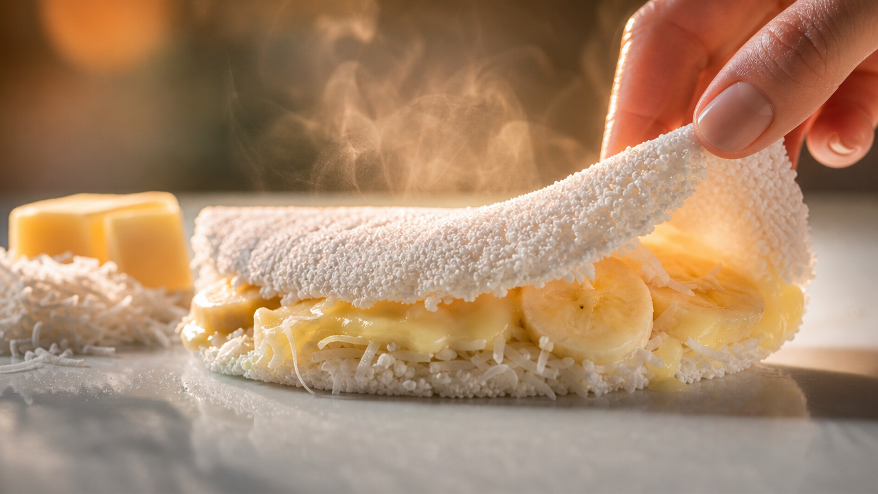 Tapioca quente sendo dobrada, revelando recheios como coco e queijo