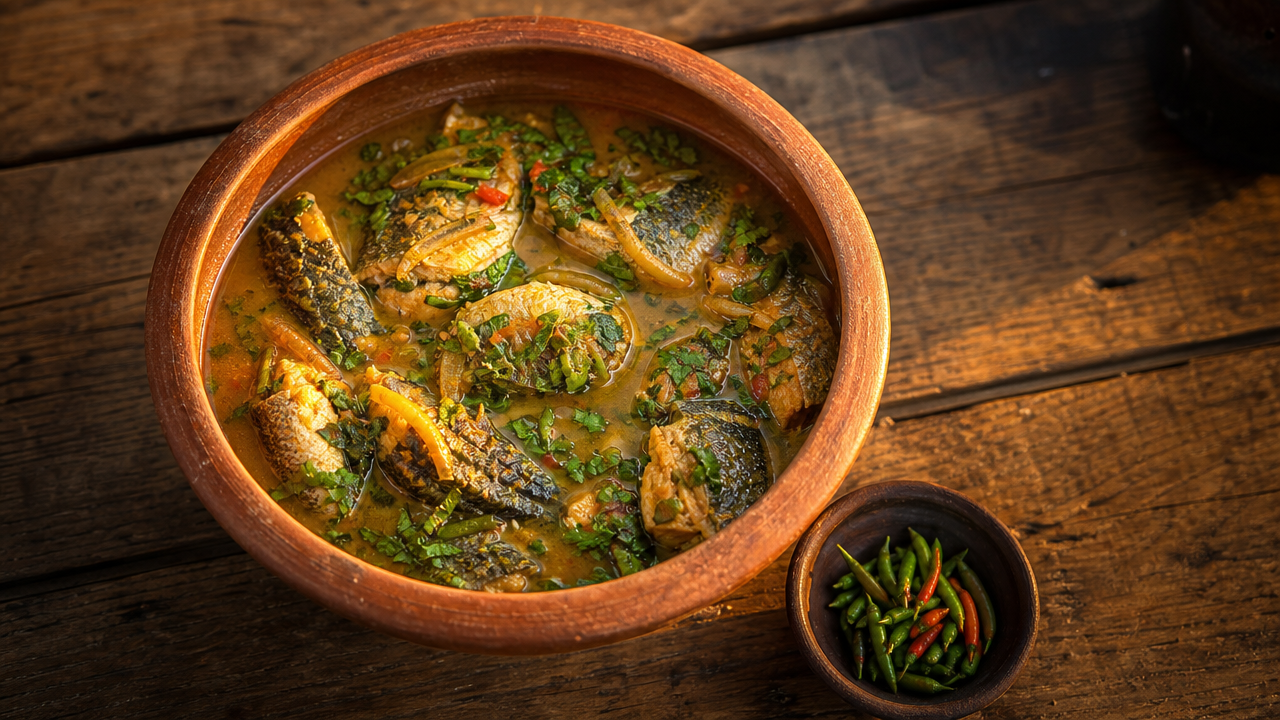 Tigela de caldo de peixe com ervas frescas e pimenta ao lado, estilo editorial
