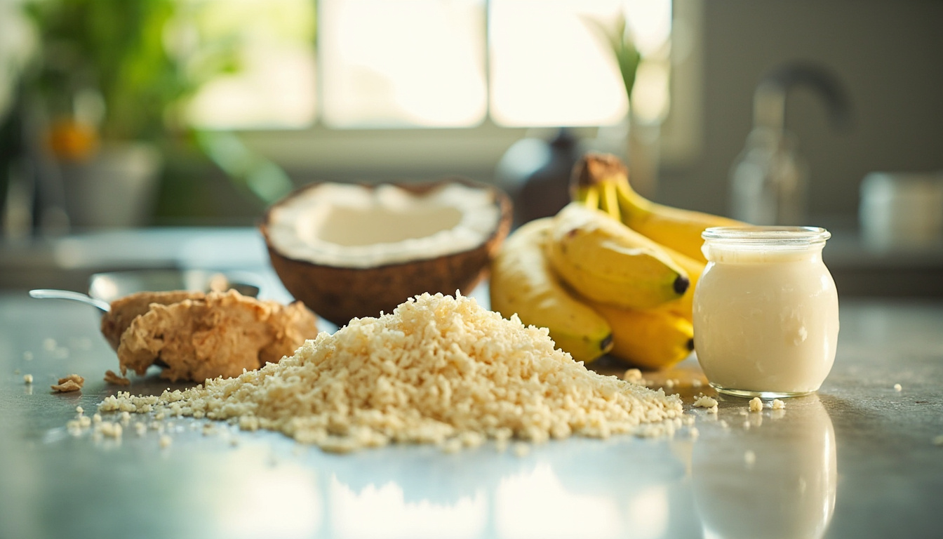 Ingredientes para tapioca caseira sobre bancada de cozinha, incluindo goma e frutas