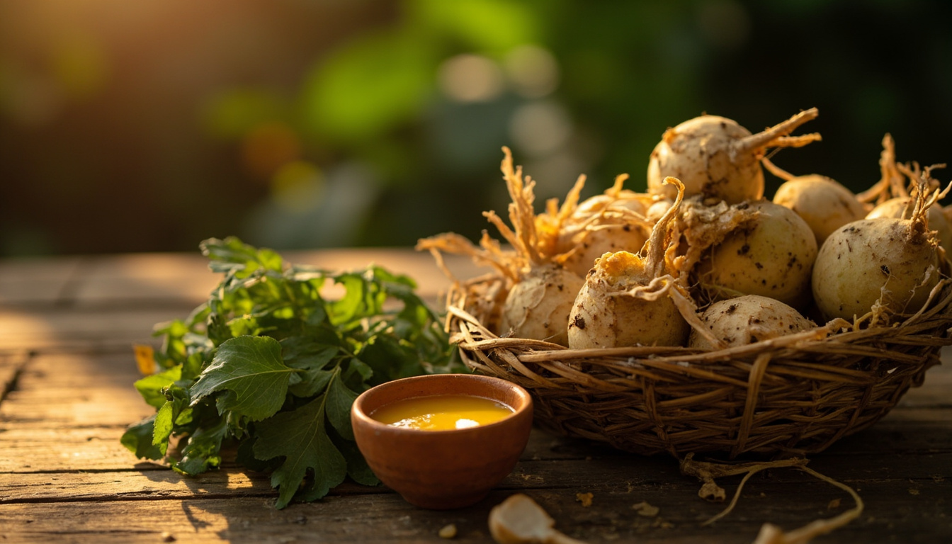 Cesta de palha com raízes de mandioca crua e tigela de barro contendo líquido amarelo, ao lado de ervas verdes frescas de jambu sobre mesa de madeira