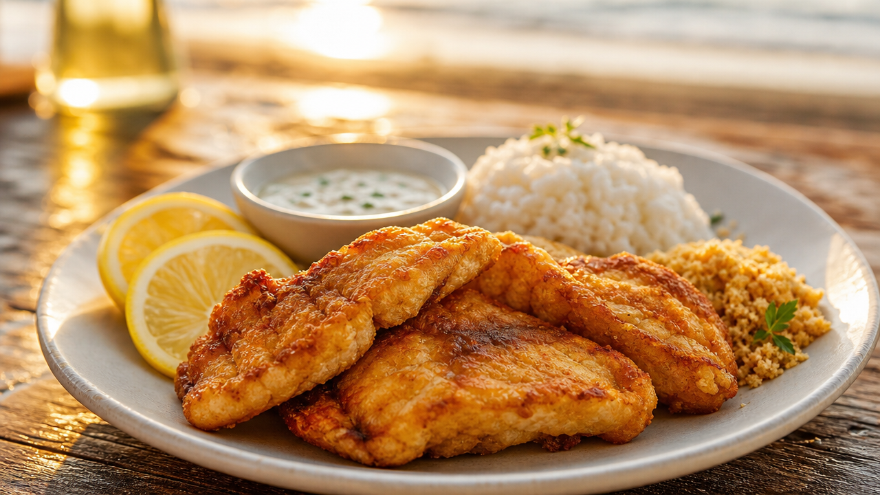Prato de porção de peixe frito com limão, molho de alho e acompanhamento simples em mesa de praia