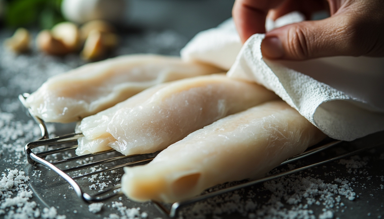 Filés de peixe branco sendo secos com papel toalha antes da fritura, com alho e sal ao lado