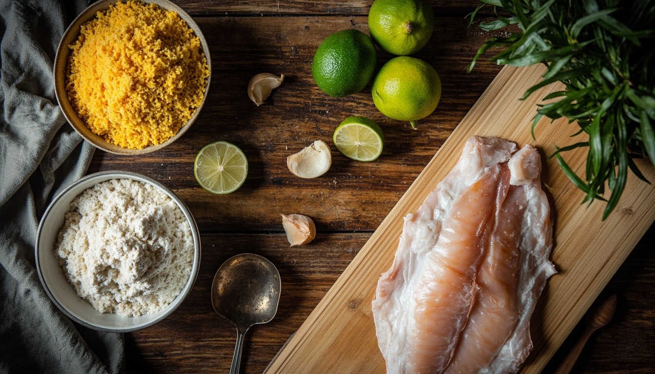 Ingredientes para fazer peixe frito em casa: farinha, fubá, limão, alho e peixe cru em bancada de cozinha