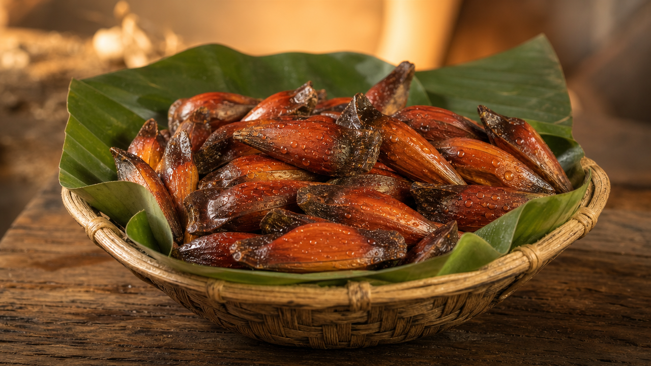 Sementes de pinhão frescas em uma cesta de palha forrada com folha de bananeira, evidenciando a origem e o manejo tradicional do ingrediente