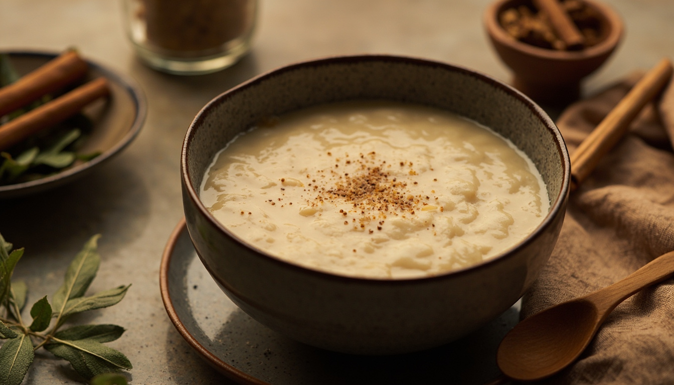 Composição editorial mostrando mingau de pinhão ao lado de canela, alecrim e açúcar mascavo, sugerindo a versão doce da receita