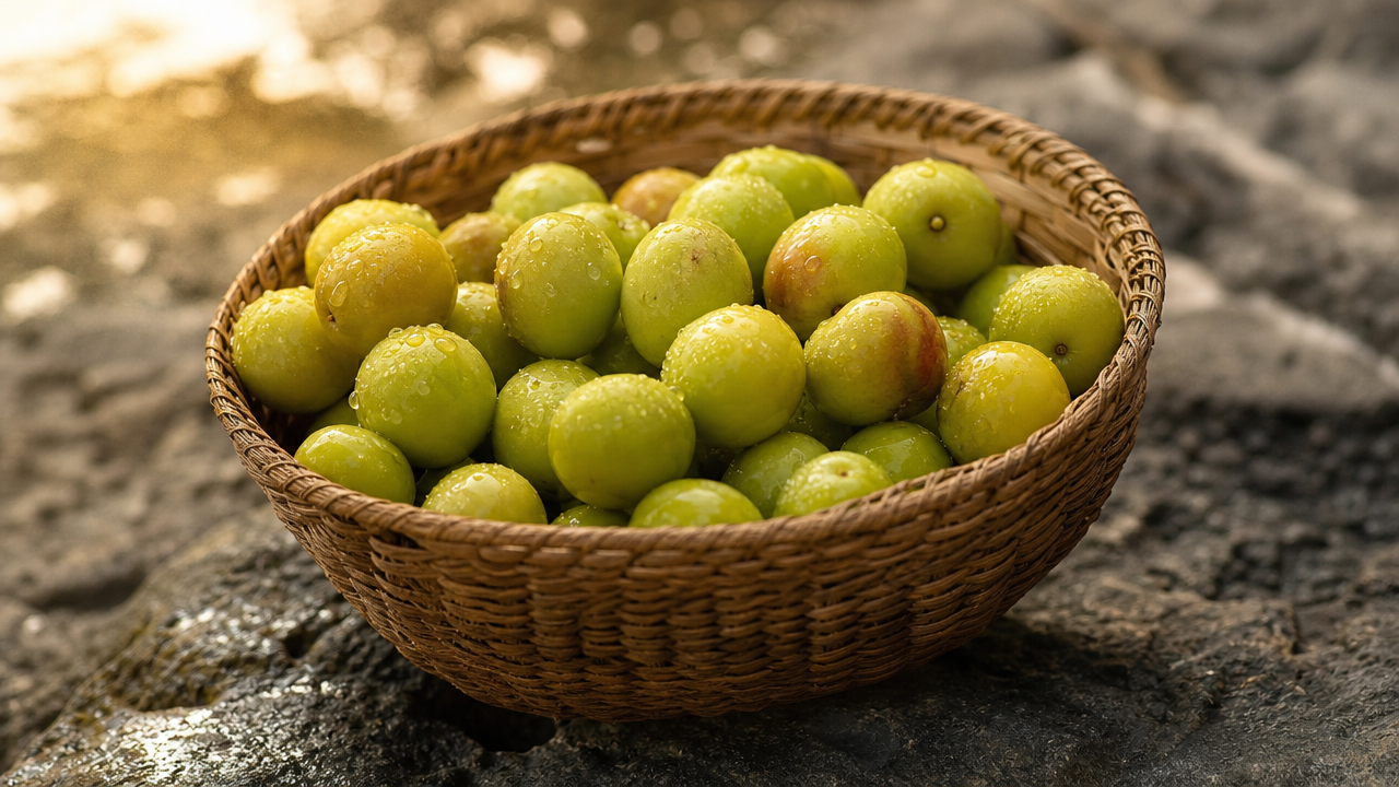 Cesta de palha contendo frutos de umbu verde, sobre pedra rústica, luz quente da tarde.