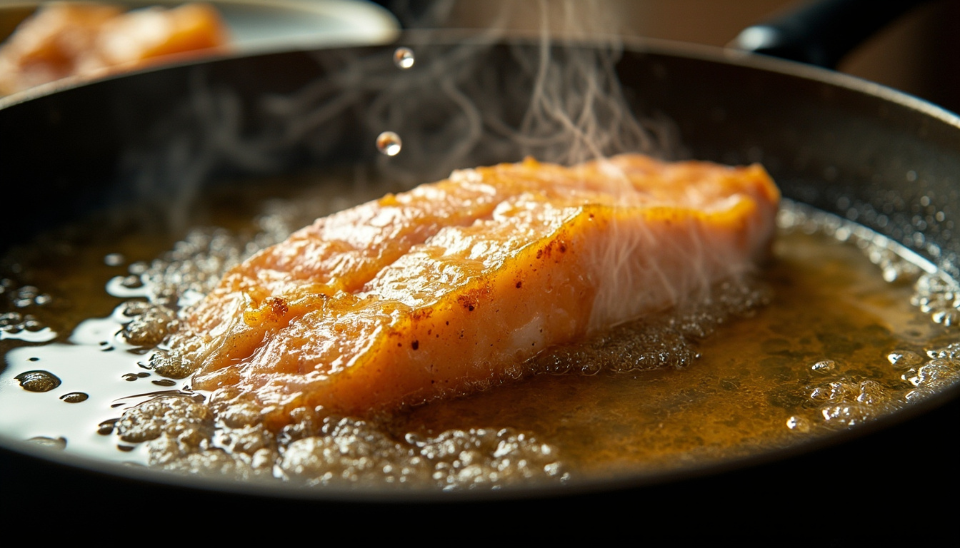 Detalhe de um filé de peixe fritando em óleo quente com borbulhas formando uma crosta dourada