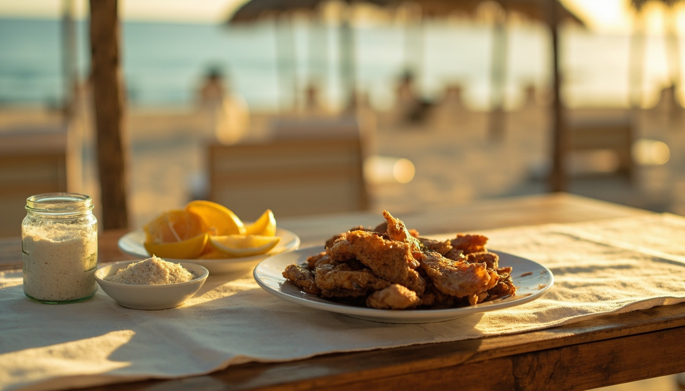 Mesa rústica à beira-mar com prato de peixe frito, limão e farinha de mandioca