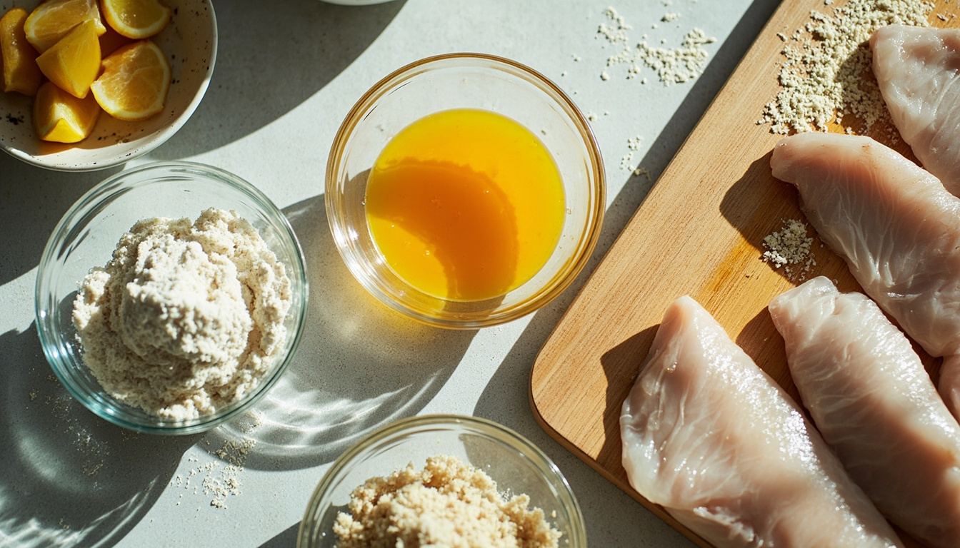 Preparação de empanamento com tigelas de farinha, ovo e filés de peixe em bancada de cozinha