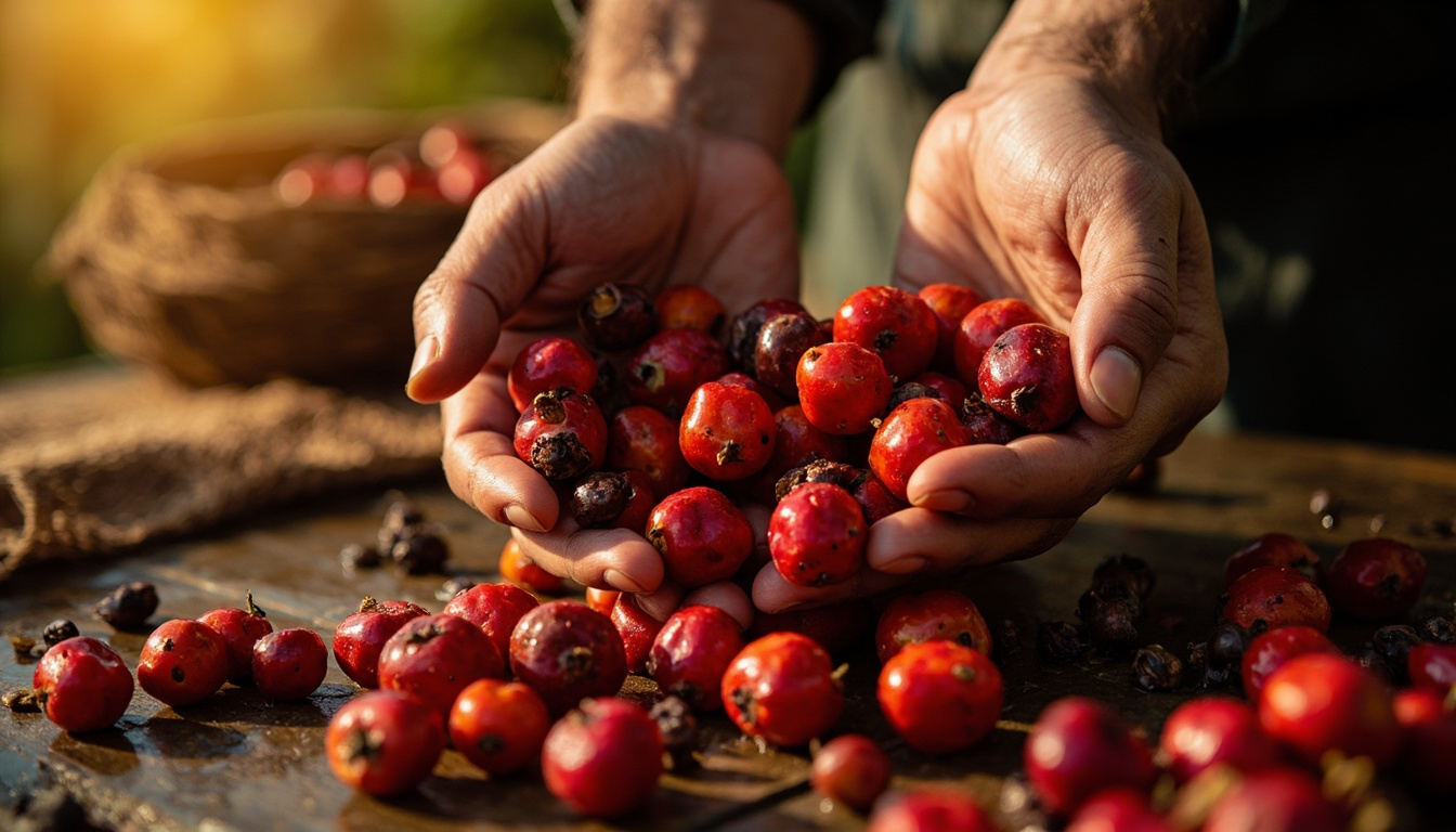 Mãos selecionando frutos de guaraná frescos, destacando a polpa vermelha e as sementes escuras em ambiente de colheita artesanal.