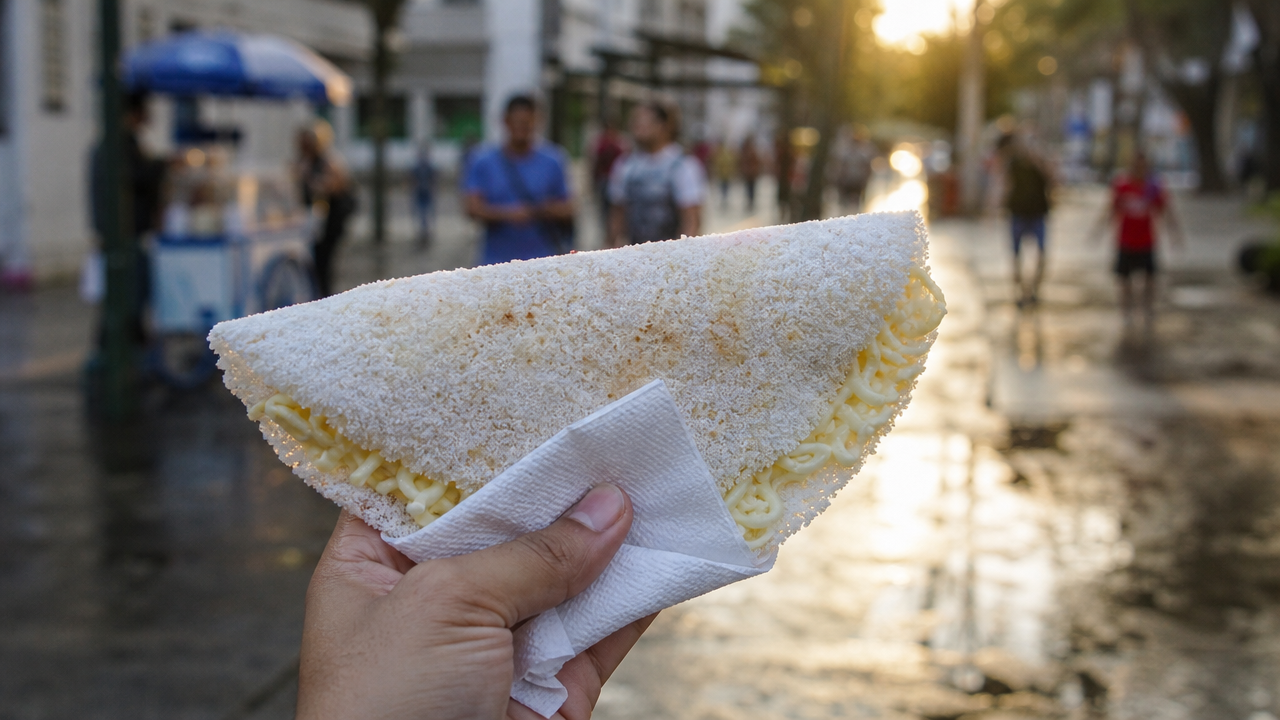 Tapioca pronta com recheio de queijo sendo segurada em um guardanapo em uma rua movimentada em Belém.