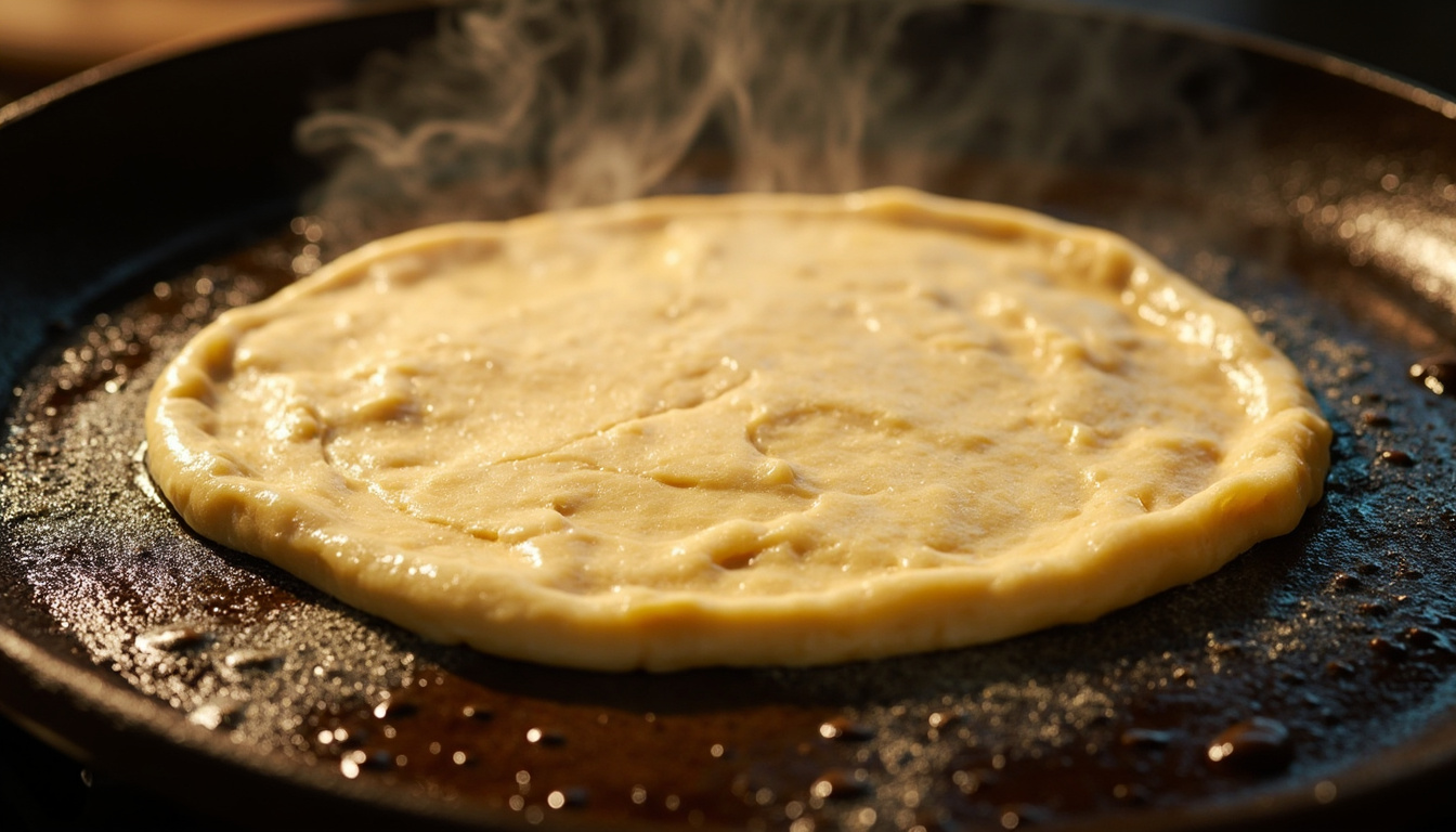 Detalhe da goma de tapioca cozinhando em uma chapa quente, mostrando a textura e as bordas douradas.
