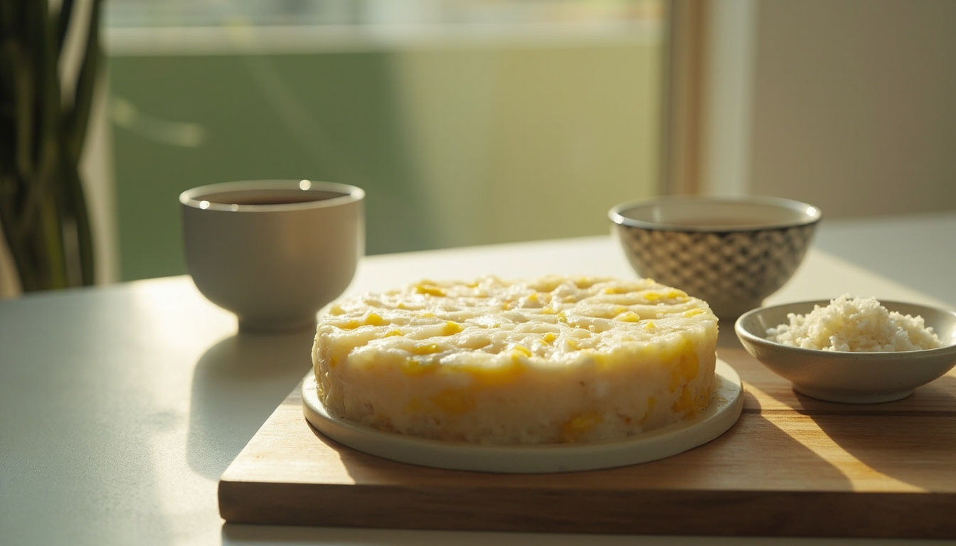 Tapioca caseira com café e ingredientes para recheio sobre uma mesa de madeira, luz natural da manhã.