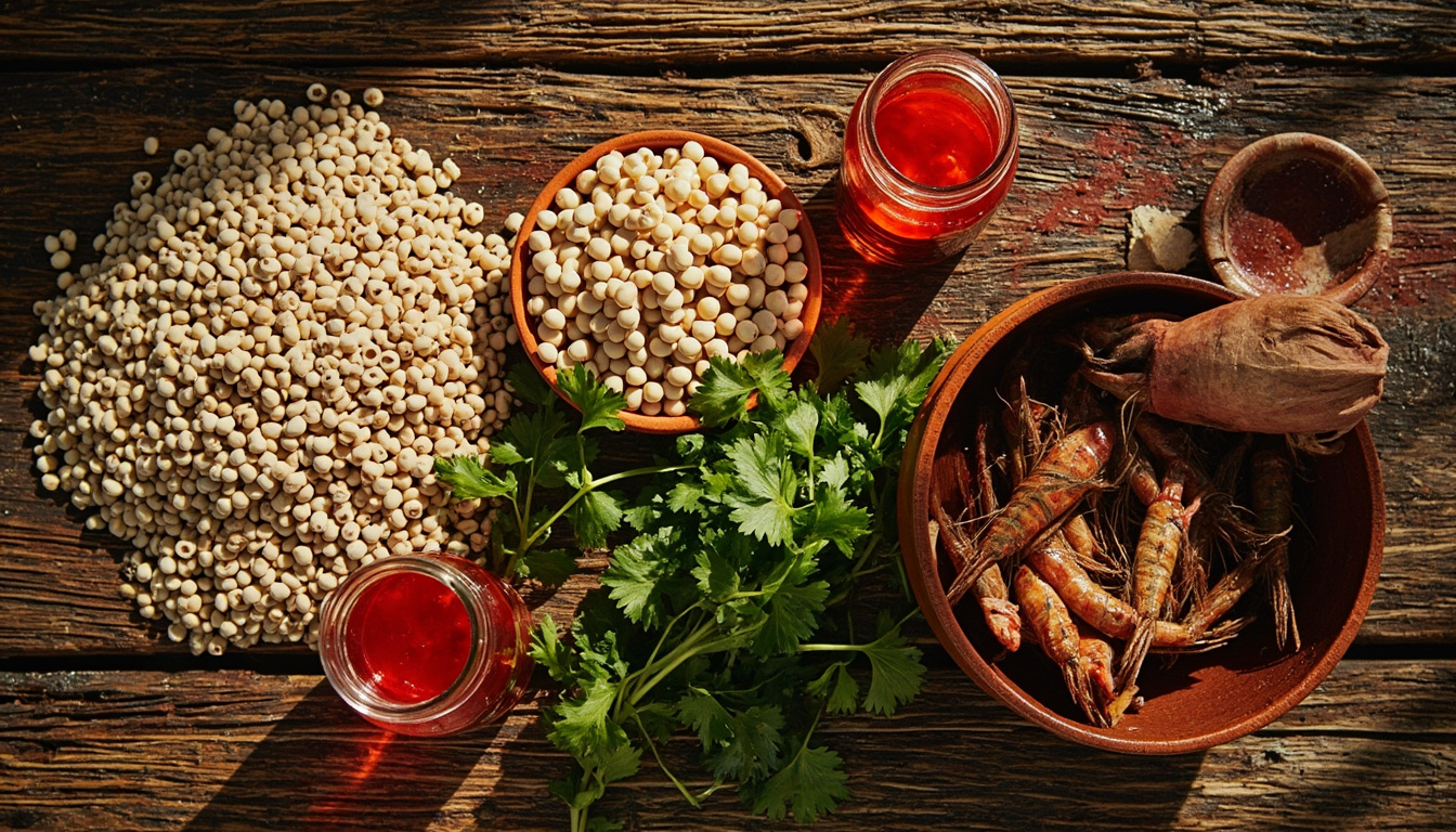 Disposição de ingredientes básicos da culinária baiana: feijão-fradinho, azeite de dendê, ervas frescas e camarão seco