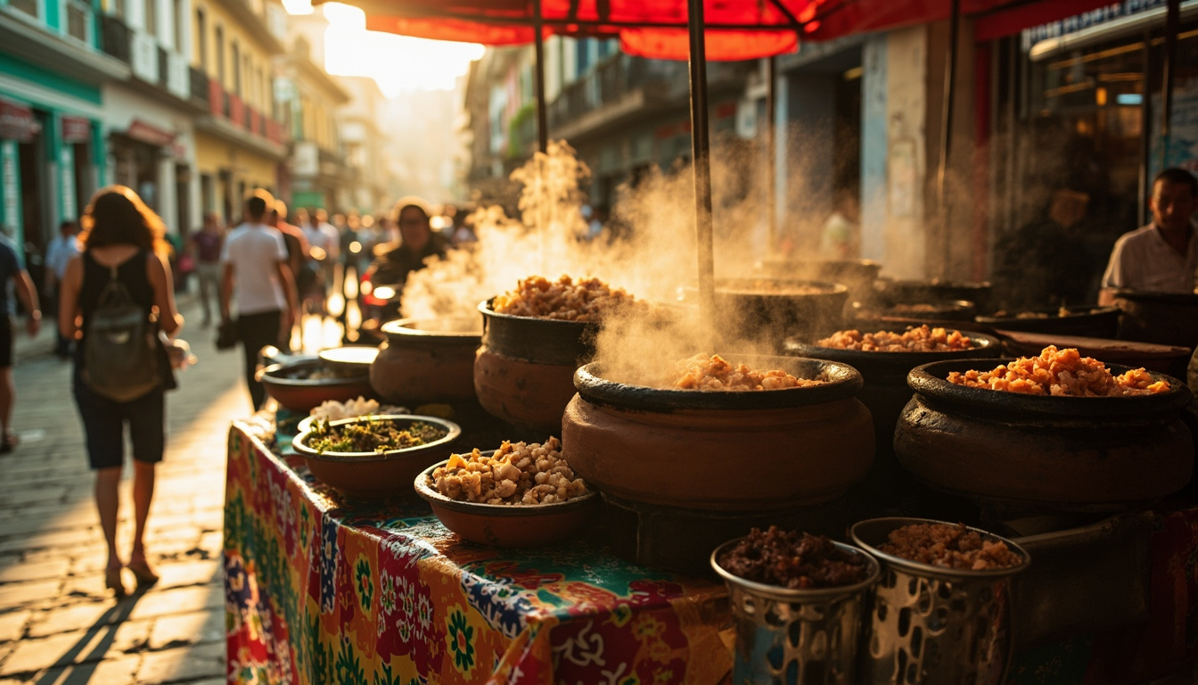 Tabuleiro de acarajé na rua com tachos de óleo e diversos ingredientes para o recheio