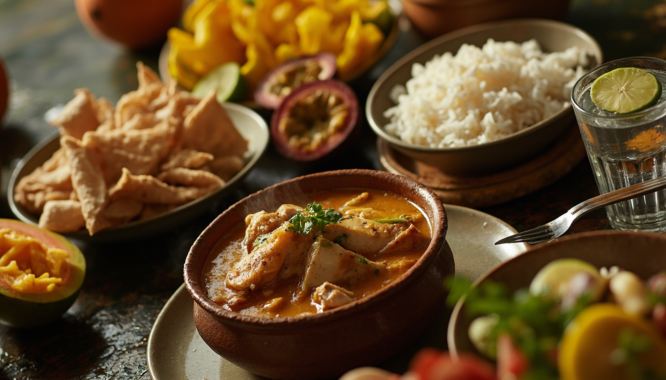 Mesa posta com pratos típicos da culinária baiana incluindo moqueca, arroz e farofa