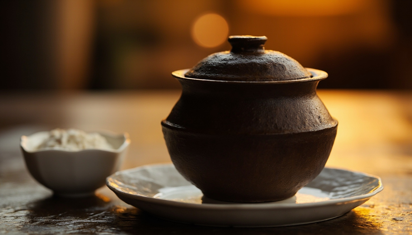 Panela de barro tradicional com tampa e tigela de farinha de mandioca, luz suave