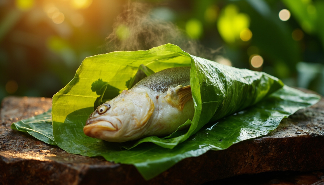 Peixe branco assado em folha de bananeira aberta, revelando o interior suculento, fundo verde tropical