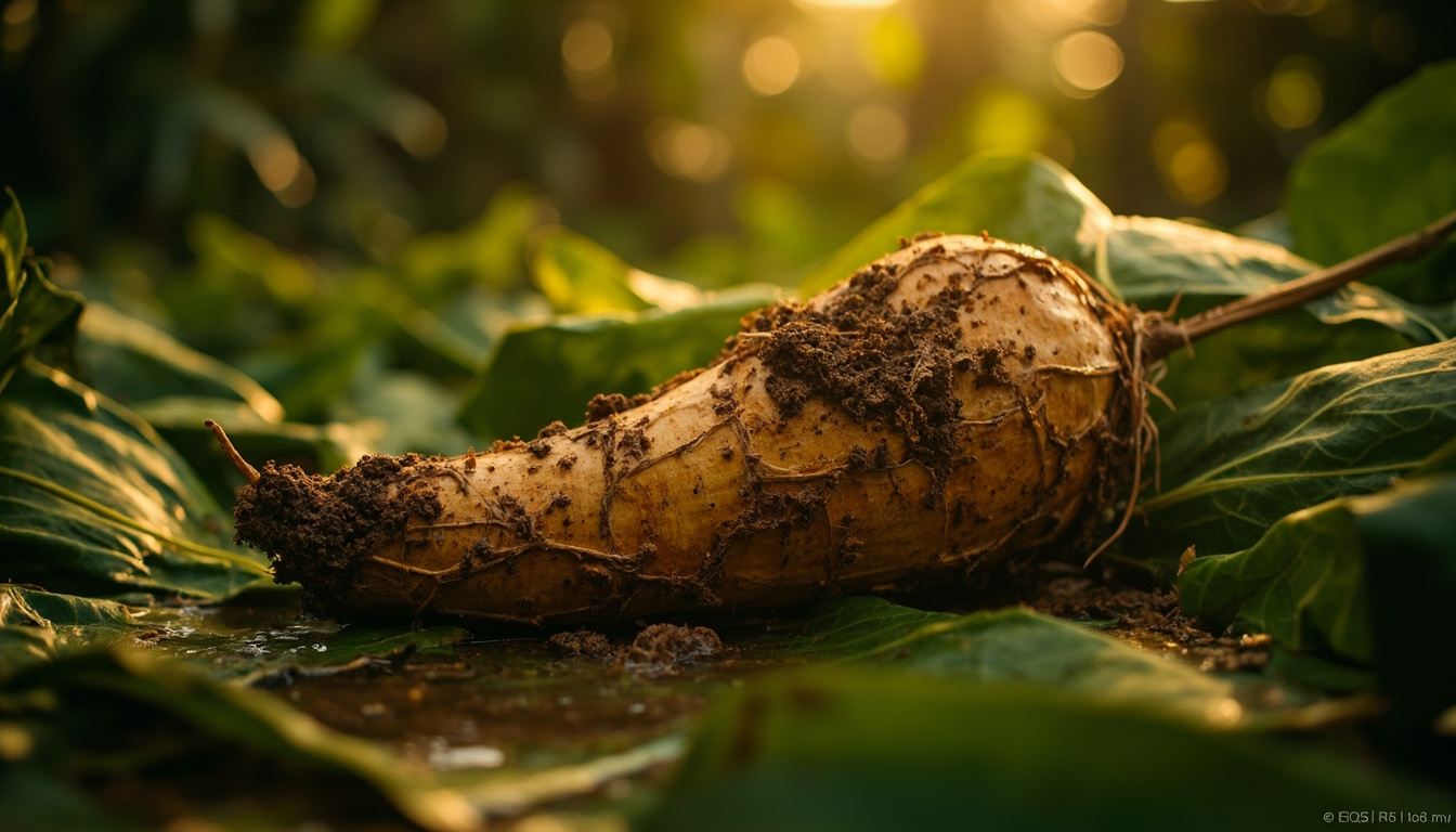 Raízes de mandioca frescas sobre folhas verdes tropicais, destacando a origem rural do ingrediente
