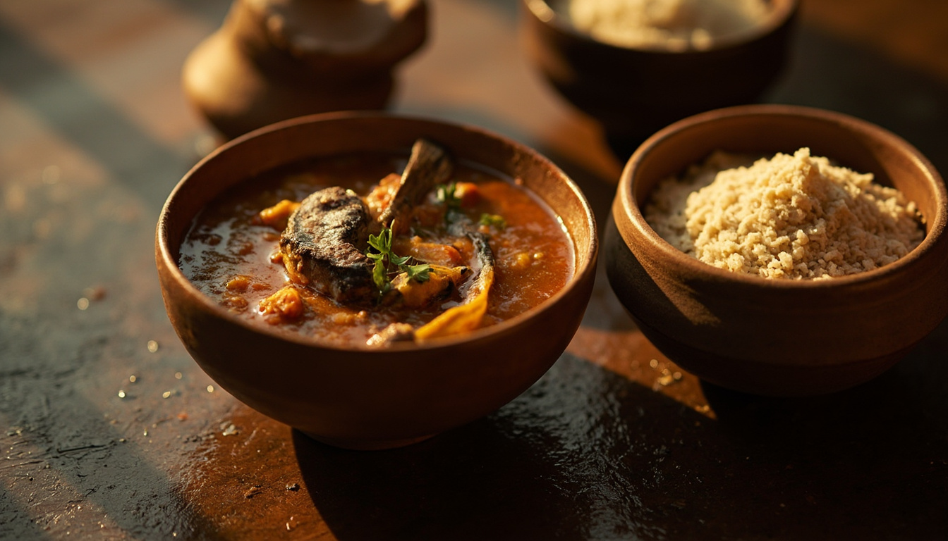 Prato tradicional com caldo de peixe e farinha grossa para acompanhar, em vasilhas de barro e madeira