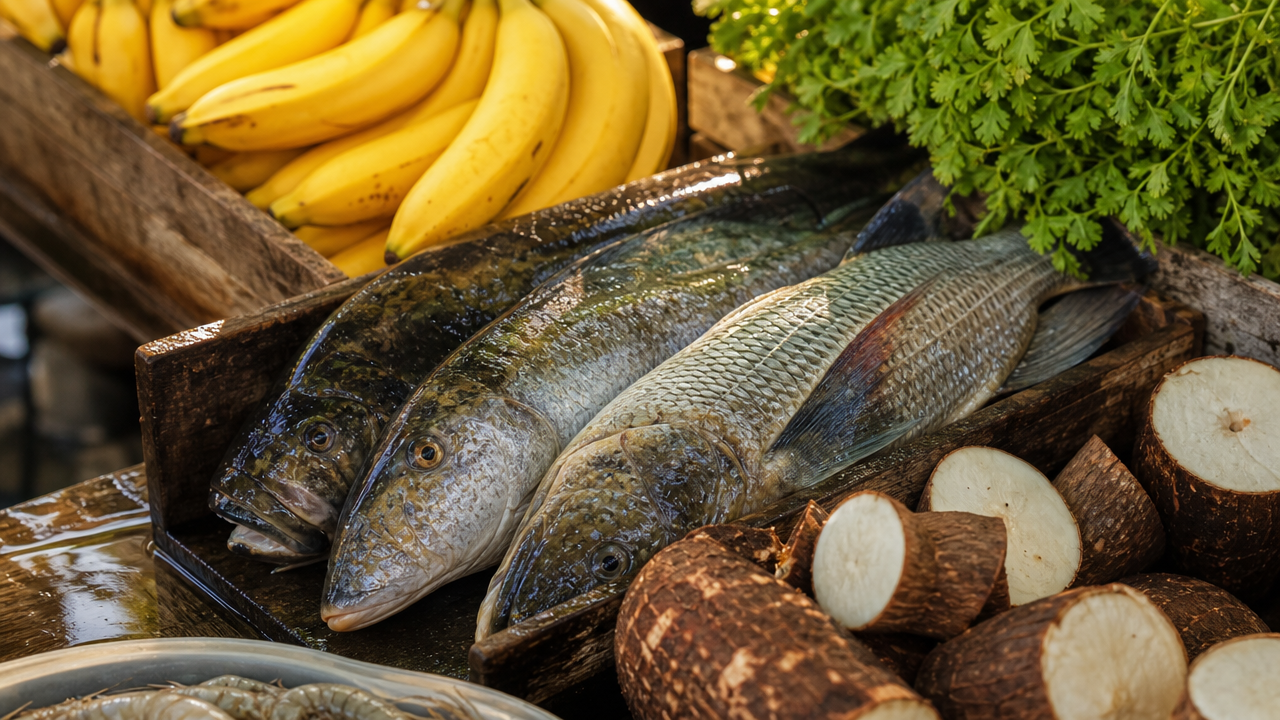 Banca de feira com peixes frescos, bananas e mandioca sob luz natural brilhante