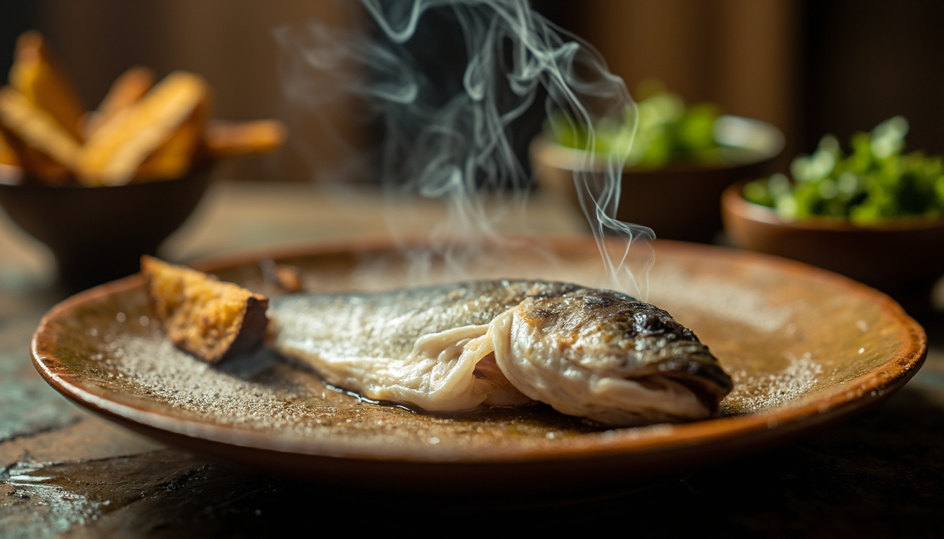 Peixe defumado saboroso servido em prato de ceramica com fumaça aromatica