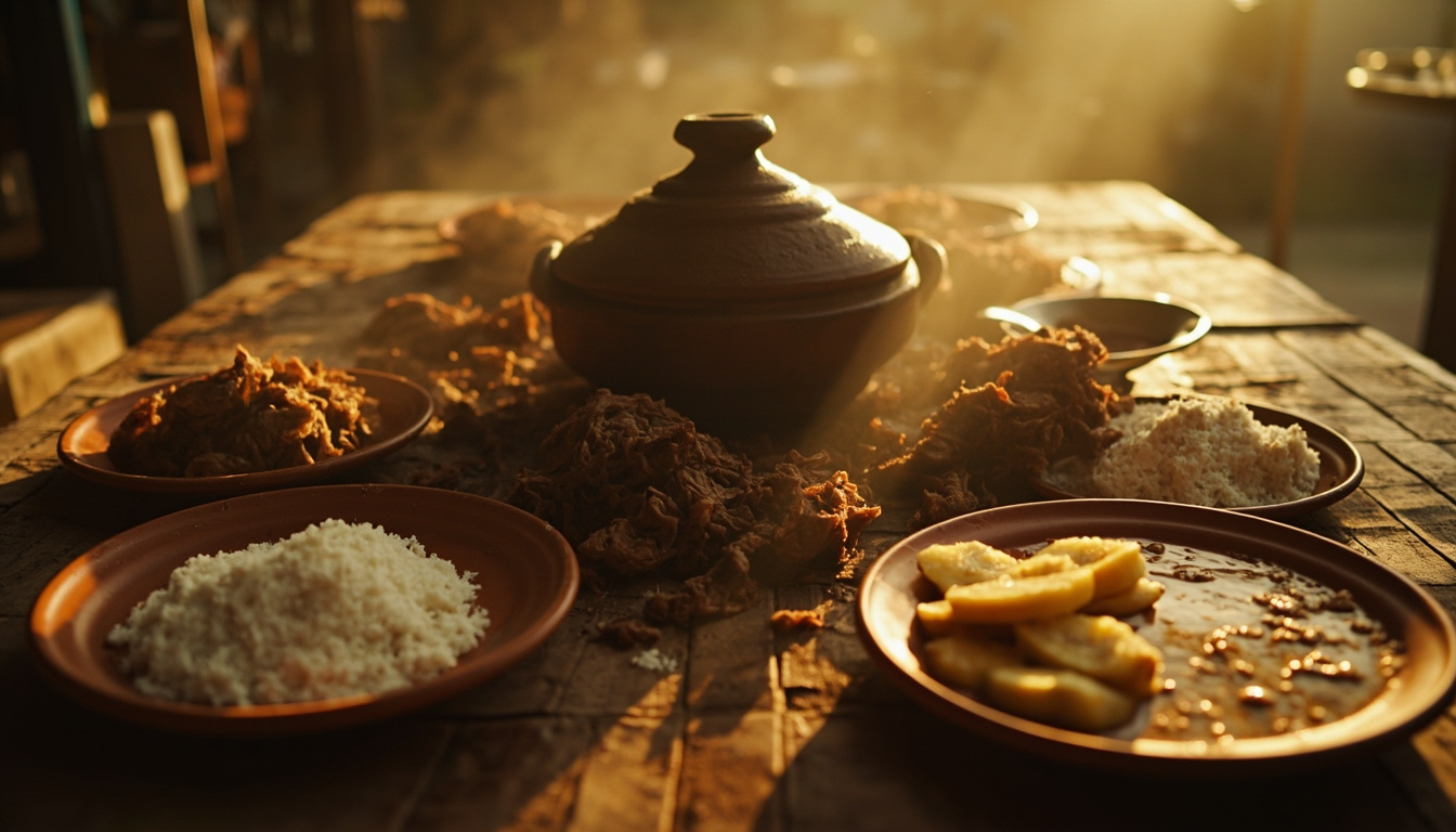 Mesa posta com barreado desfiado, farinha de mandioca e banana frita, evocando tradição familiar no litoral paranaense