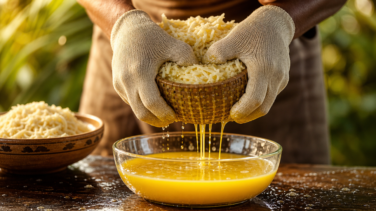 Extração do tucupi: mão espremendo massa de mandioca-brava em cesto, com o líquido amarelo escorrendo.