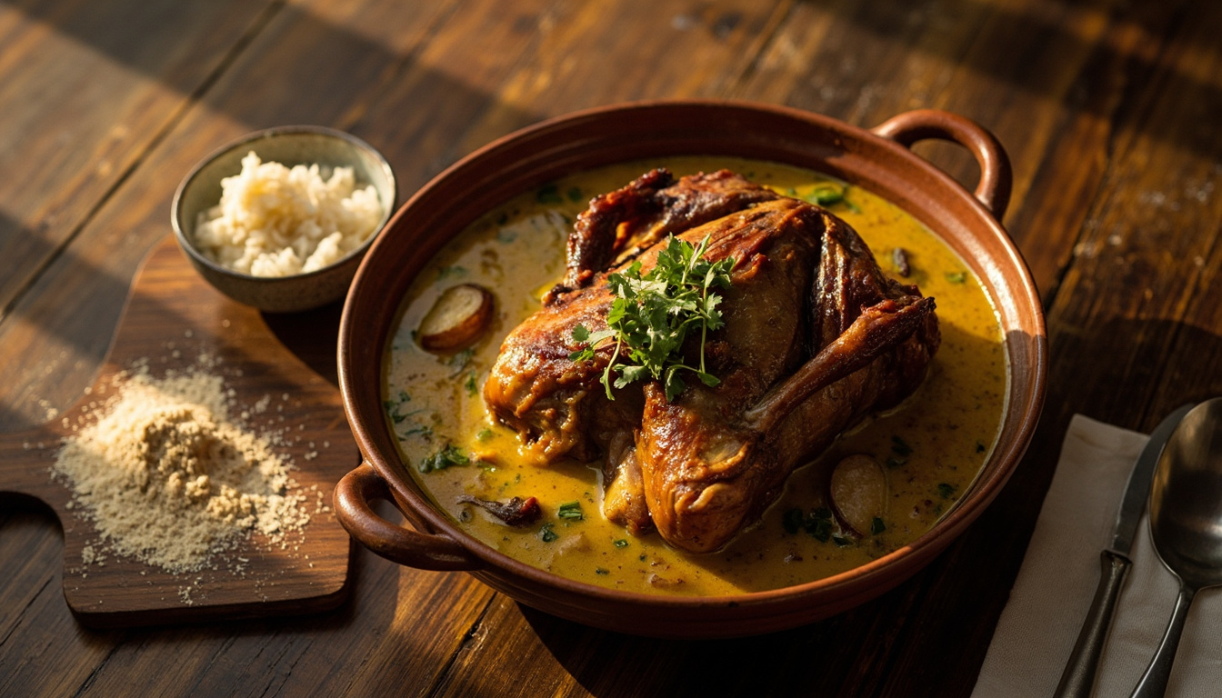 Prato tradicional Pato no Tucupi, com pato assado em molho amarelo, arroz branco e farinha de mandioca.