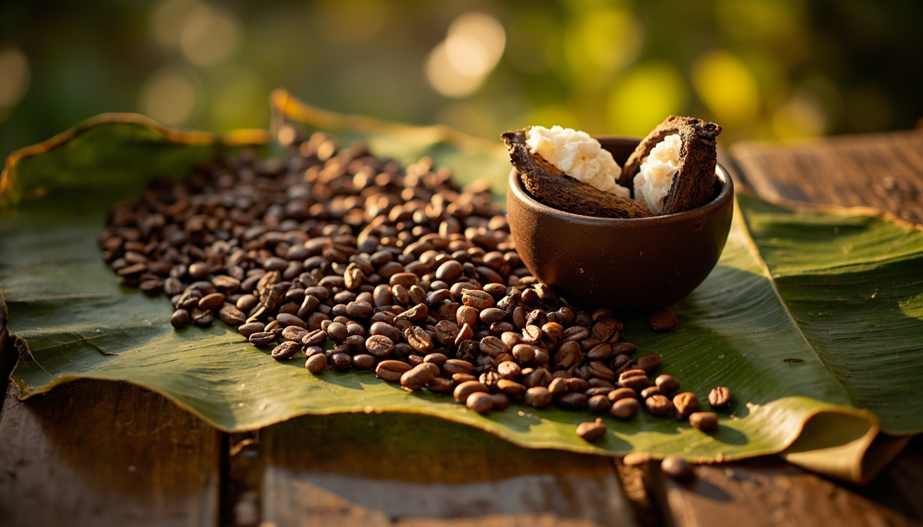 Cerejas de café frescas espalhadas sobre uma folha de bananeira em mesa rústica, ao lado de nibs de cacau e vagens abertas, ilustrando a matéria-prima antes do processamento.