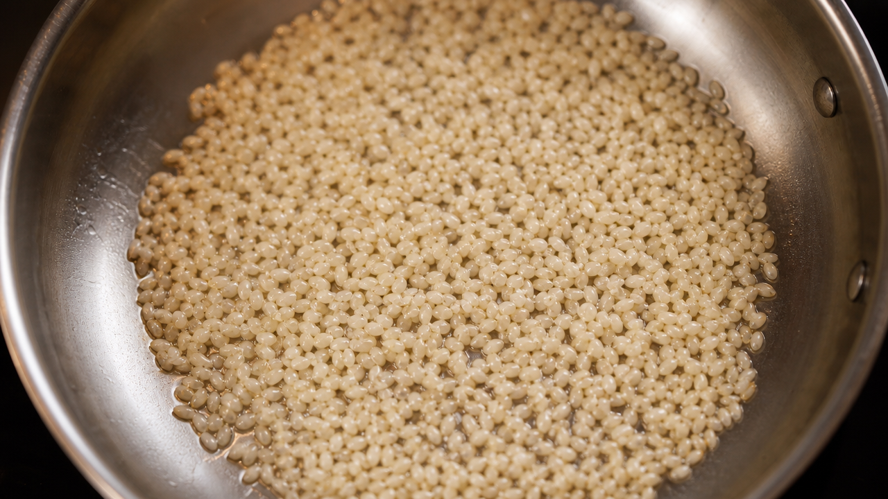 Imagem detalhada de uma panela larga e rasa com fundo espesso contendo arroz, focando na camada fina que permite a formação da crosta.