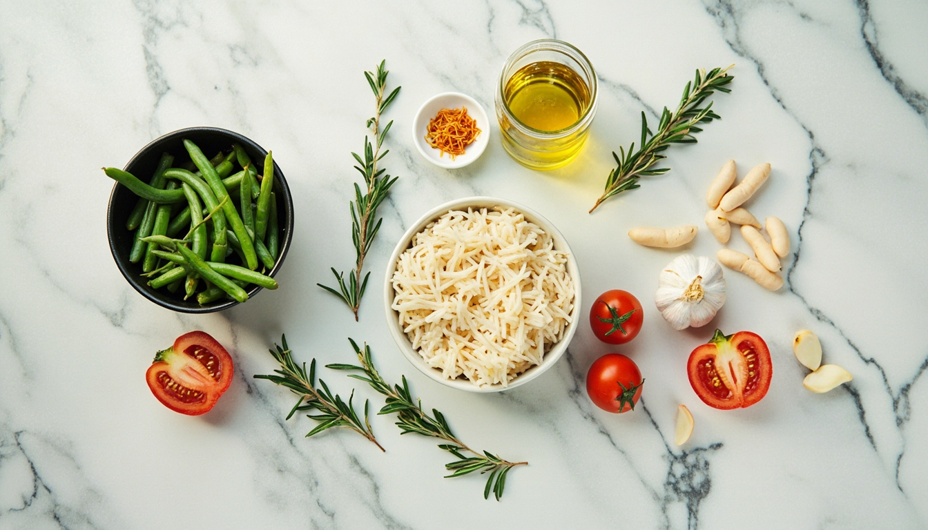 Disposição de ingredientes para paella caseira: arroz arbóreo, feijão branco, vagem, tomate, azeite e ervas frescas sobre bancada clara.