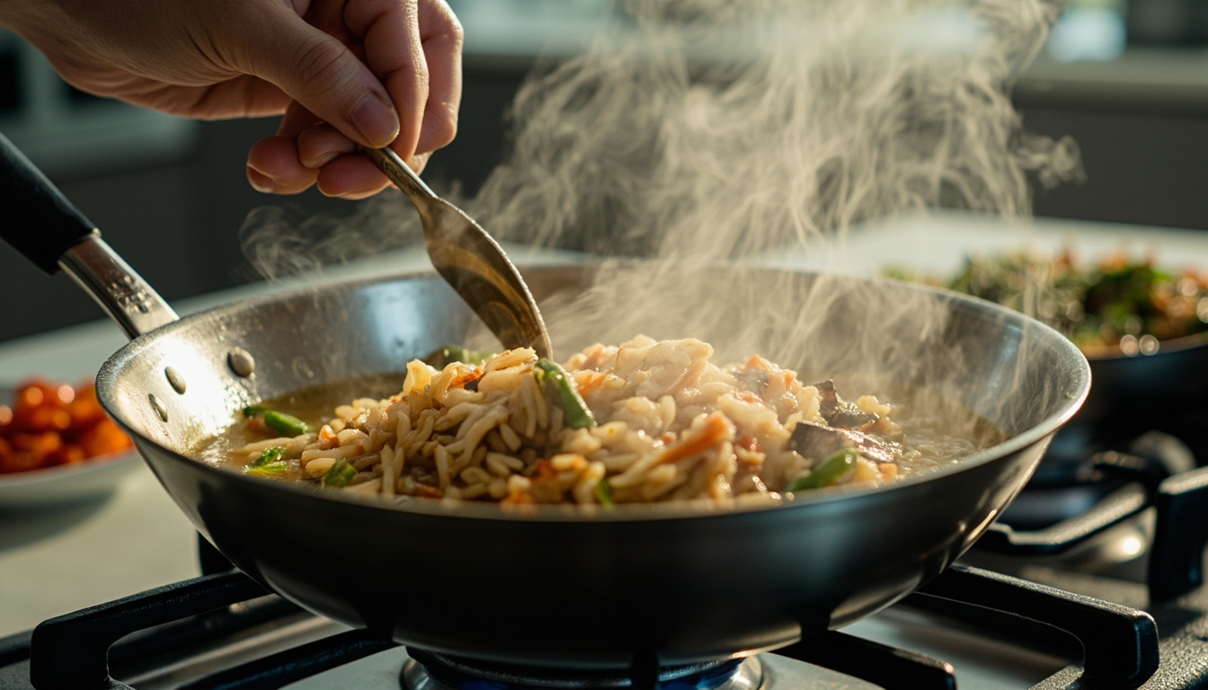 Momento do cozimento de uma paella em panela larga, com vapor subindo enquanto o caldo é adicionado ao arroz e legumes.