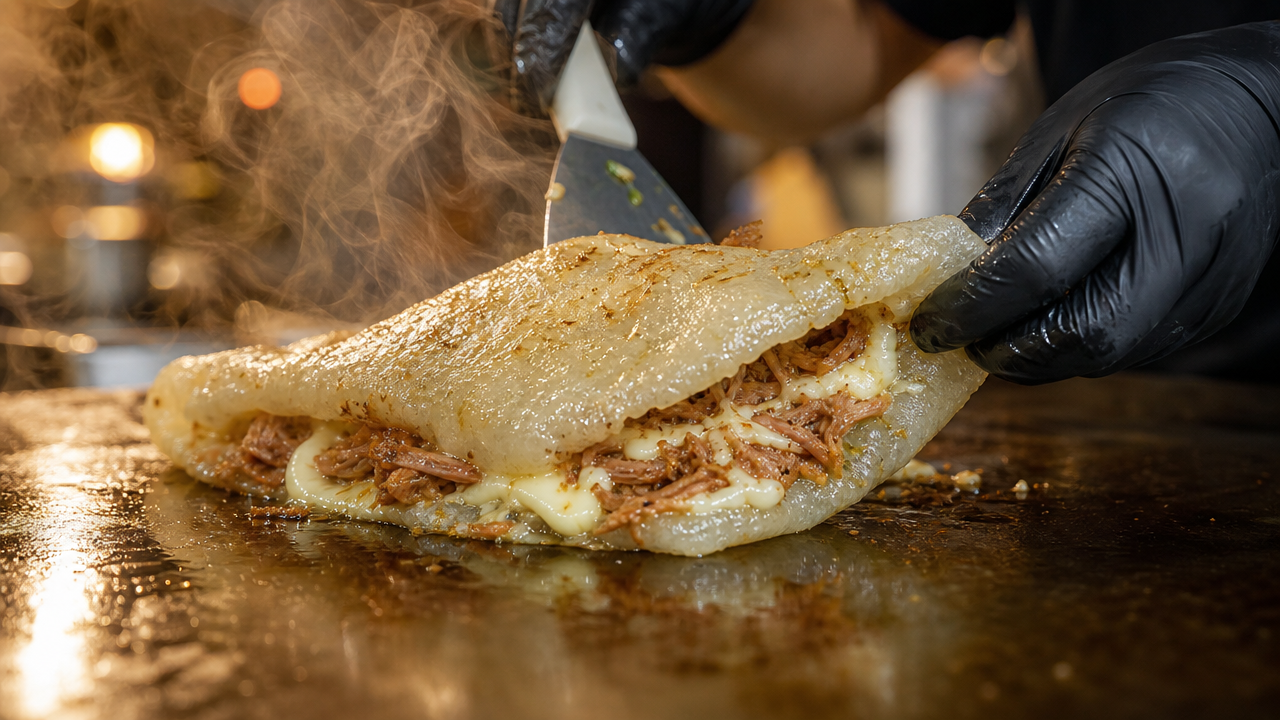 Preparo de tapioca quente na chapa, com vapor saindo da massa macia e recheio de carne desfiada