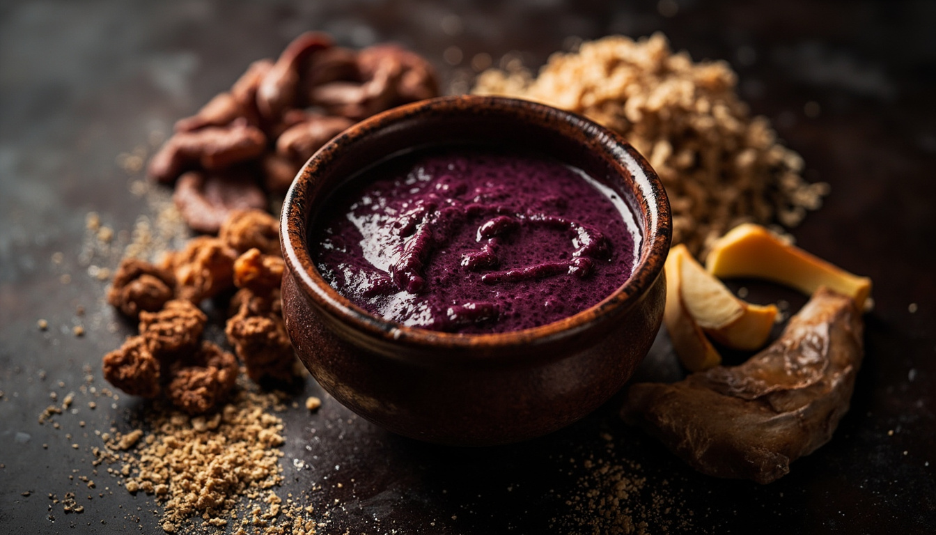 Tigola de açaí servido com acompanhamentos tradicionais como farinha de mandioca e charque