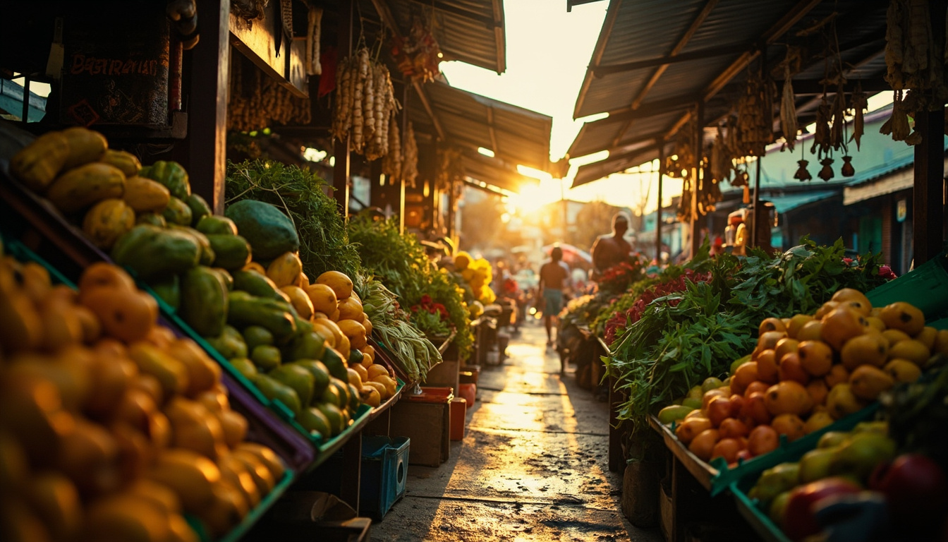 Interior de mercado municipal em Belém com bancas cheias de frutas amazônicas e ingredientes regionais