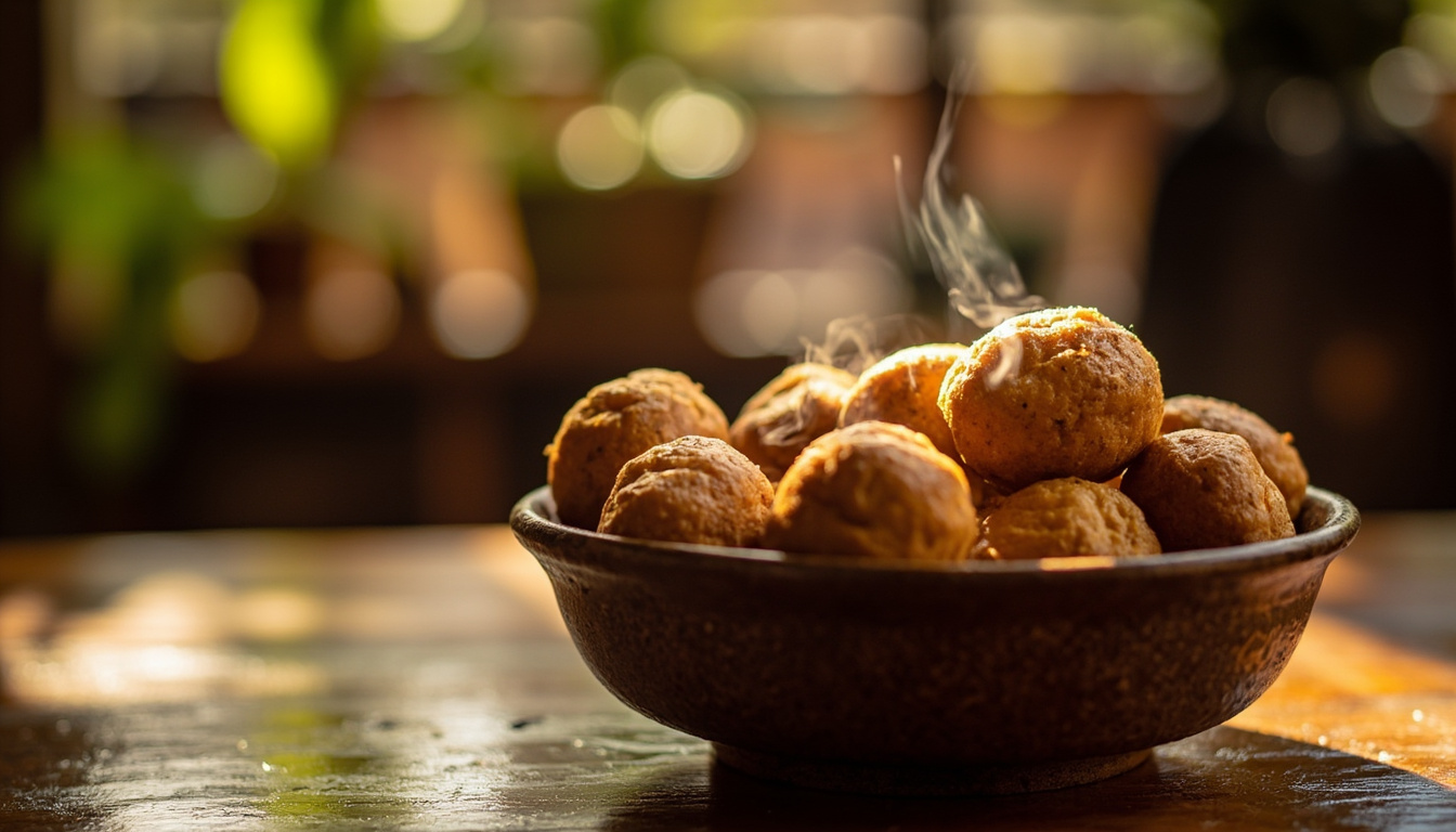 Bolinhas de pão de queijo frescas em uma tigela de cerâmica rústica com vapor subindo, evocando a tradição caseira de Minas Gerais