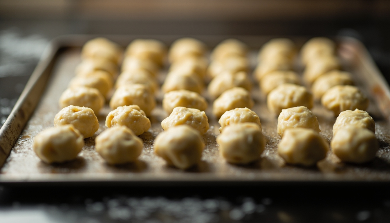 Bolinhas de massa crua de pão de queijo dispostas separadamente em uma assadeira para congelamento individual