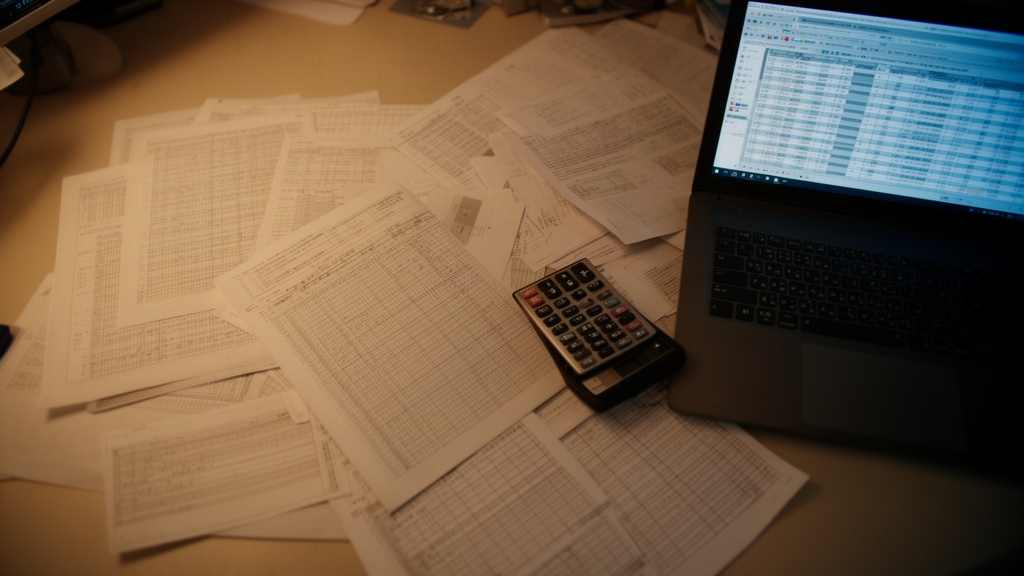 Mesa de trabalho com planilhas de papel, calculadora e notebook exibindo dados complexos