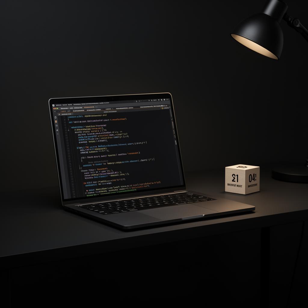 Notebook com código em tela ao lado de um cubo físico representando custo, sob luz suave