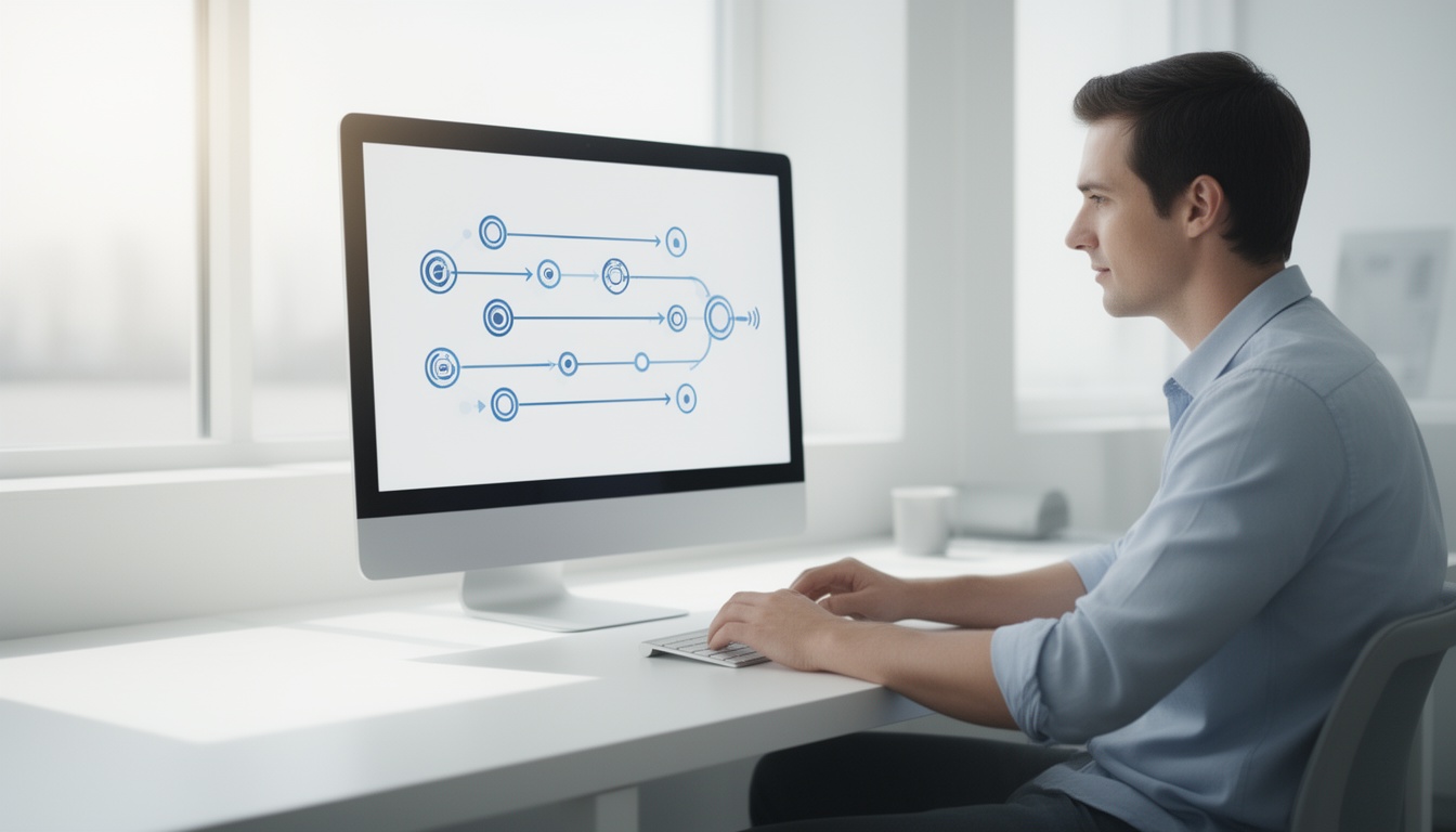 Profissional diante de um monitor exibindo um fluxo de dados integrado, simbolizando a automação de processos.