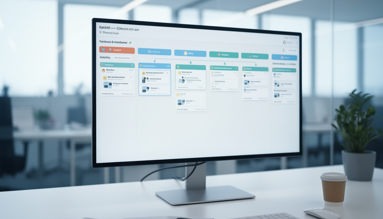 Monitor de computador exibindo um quadro de acompanhamento digital com etapas de fluxo de trabalho, em um ambiente de escritório limpo e iluminado, representando o monitoramento contínuo das entregas.