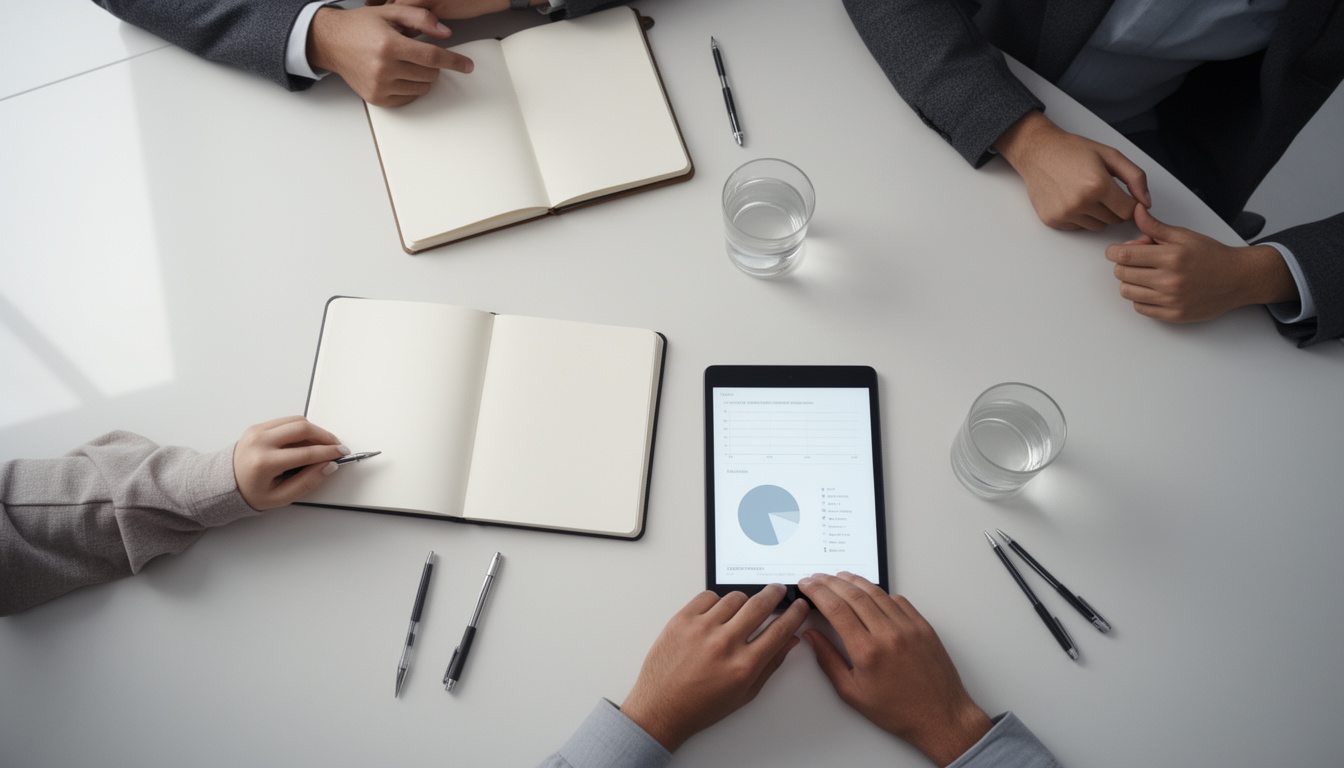 Vista de cima de uma mesa de reunião com materiais organizados, como caderno e tablet, simbolizando o alinhamento e a comunicação estruturada entre as equipes de negócio e técnica.