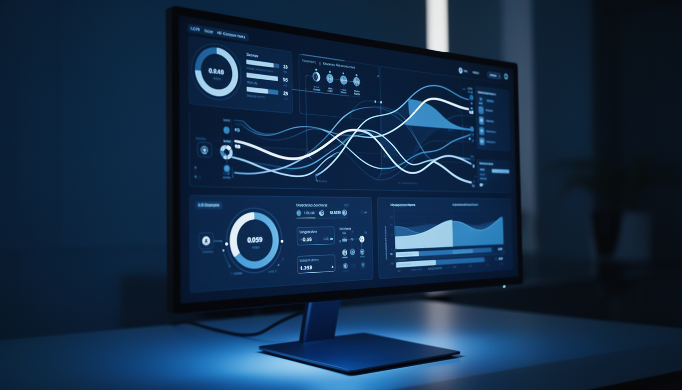 Tela de computador exibindo visualizações abstratas de dados em tempo real com iluminação azul, indicando o monitoramento de automações.